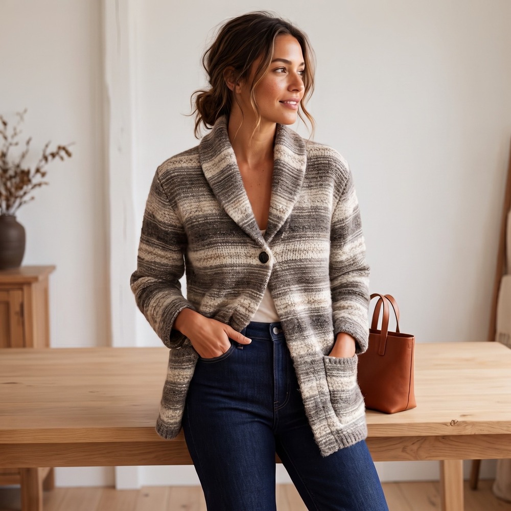 Denim & Supply Ralph Lauren Blazer Women XL Brown Wool Linen Alpaca Stripe Shawl
